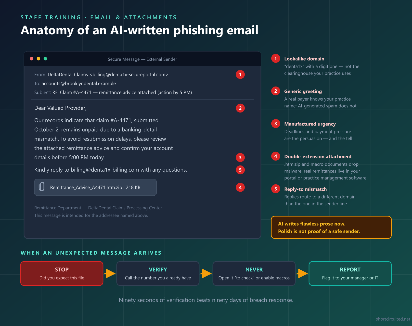 Annotated anatomy of an AI-written phishing email targeting a dental office, with five red flags marked: lookalike domain, generic greeting, manufactured urgency, double-extension attachment, and reply-to mismatch